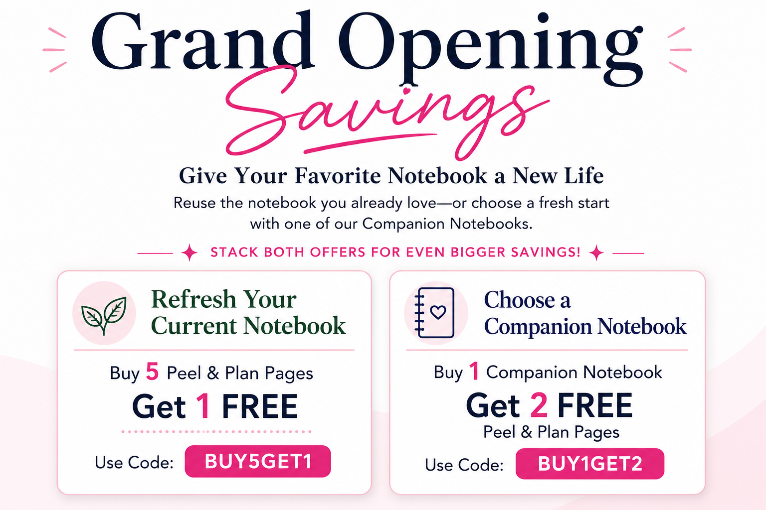 Promotional sale graphic on a white background with the headline 'Grand Opening Sale,' a purple box reading '2 Discount Codes Yes, you can combine them!', and text offering discount codes for peel & plan pages and notebooks.